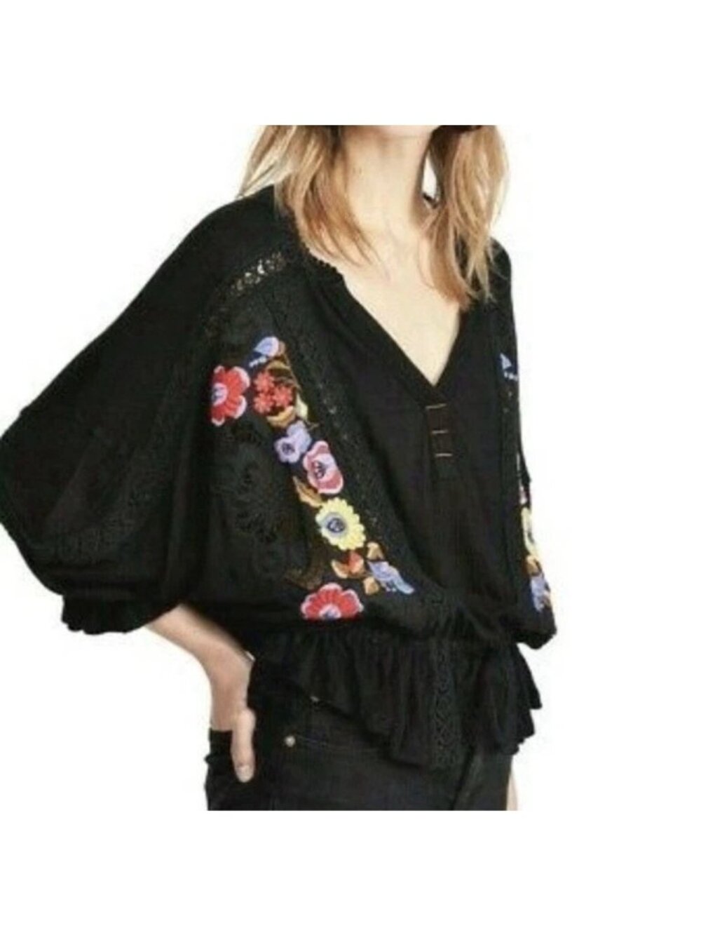 Free People Serafina Black Embroidered Lace Crochet Boho Festival Blouse Top S - Picture 3 of 11